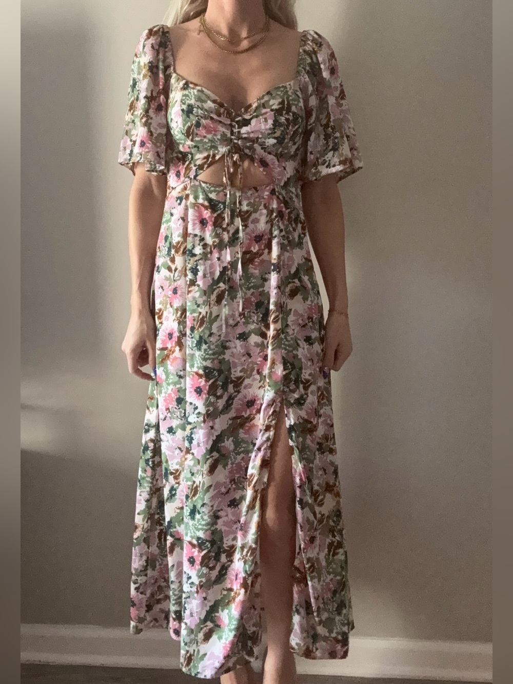 Astr Pink Floral Tie-Front Midi Dress
